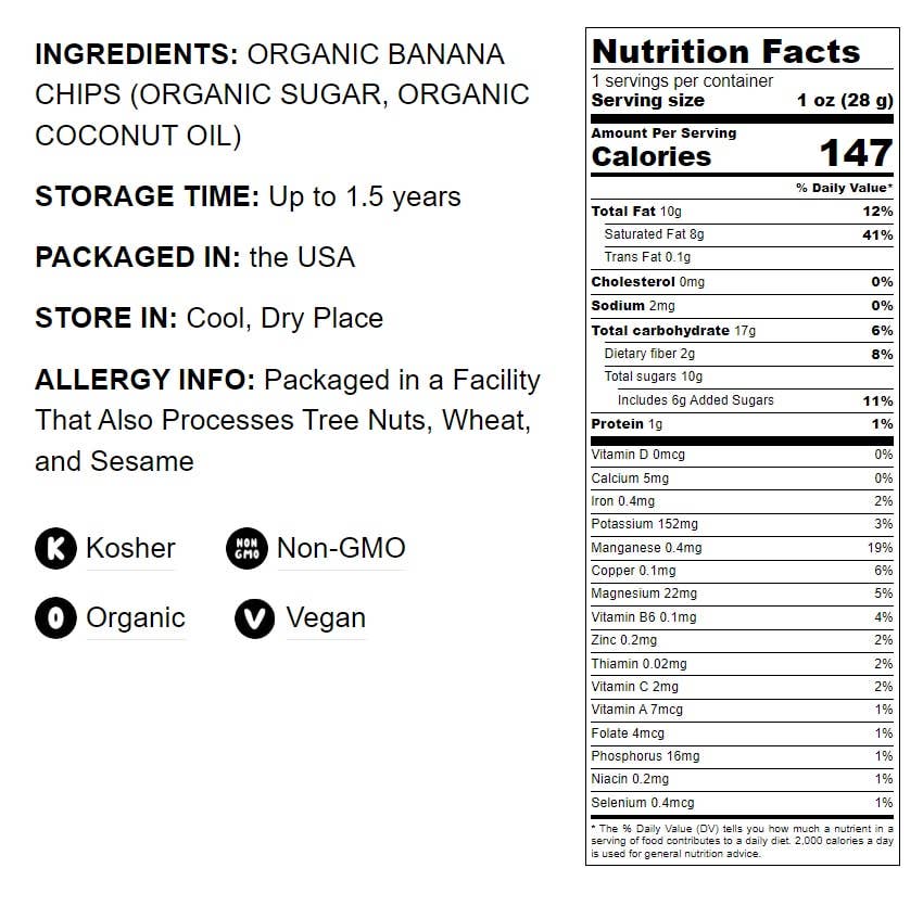 Organic Banana Chips – Sweetened, Unsulfured, Non-GMO, Vegan: 8 Ounces