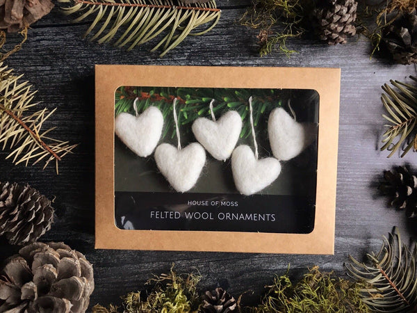 Felted Wool Heart Ornament - Set of 5 White
