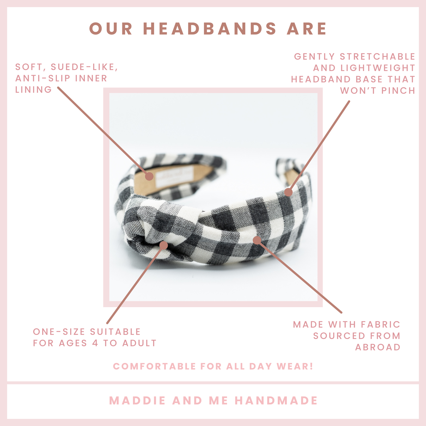 Black & White PIaid Buffalo Check Comfortable Knot Headband
