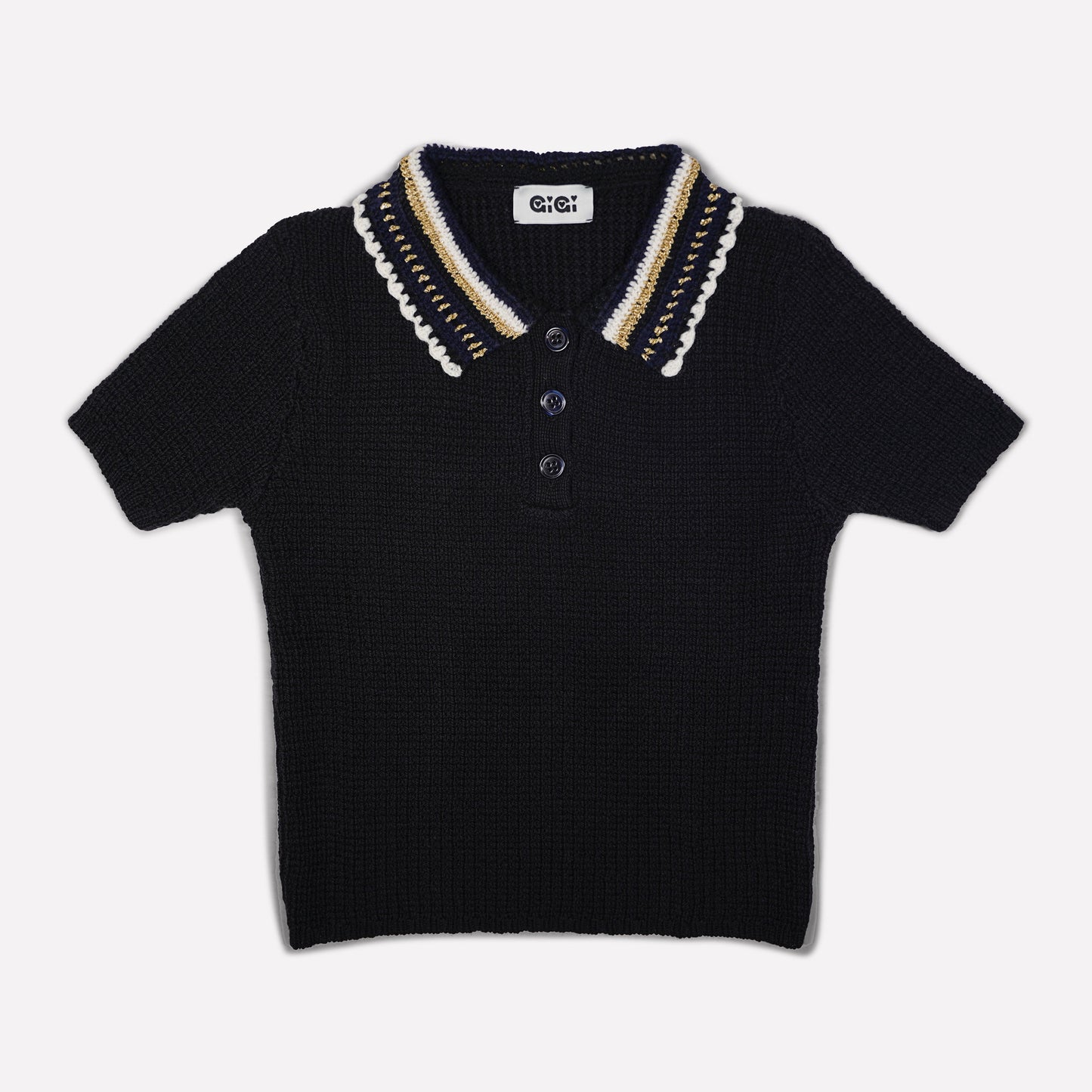 Gigi Knitwear Crochet polo top in black