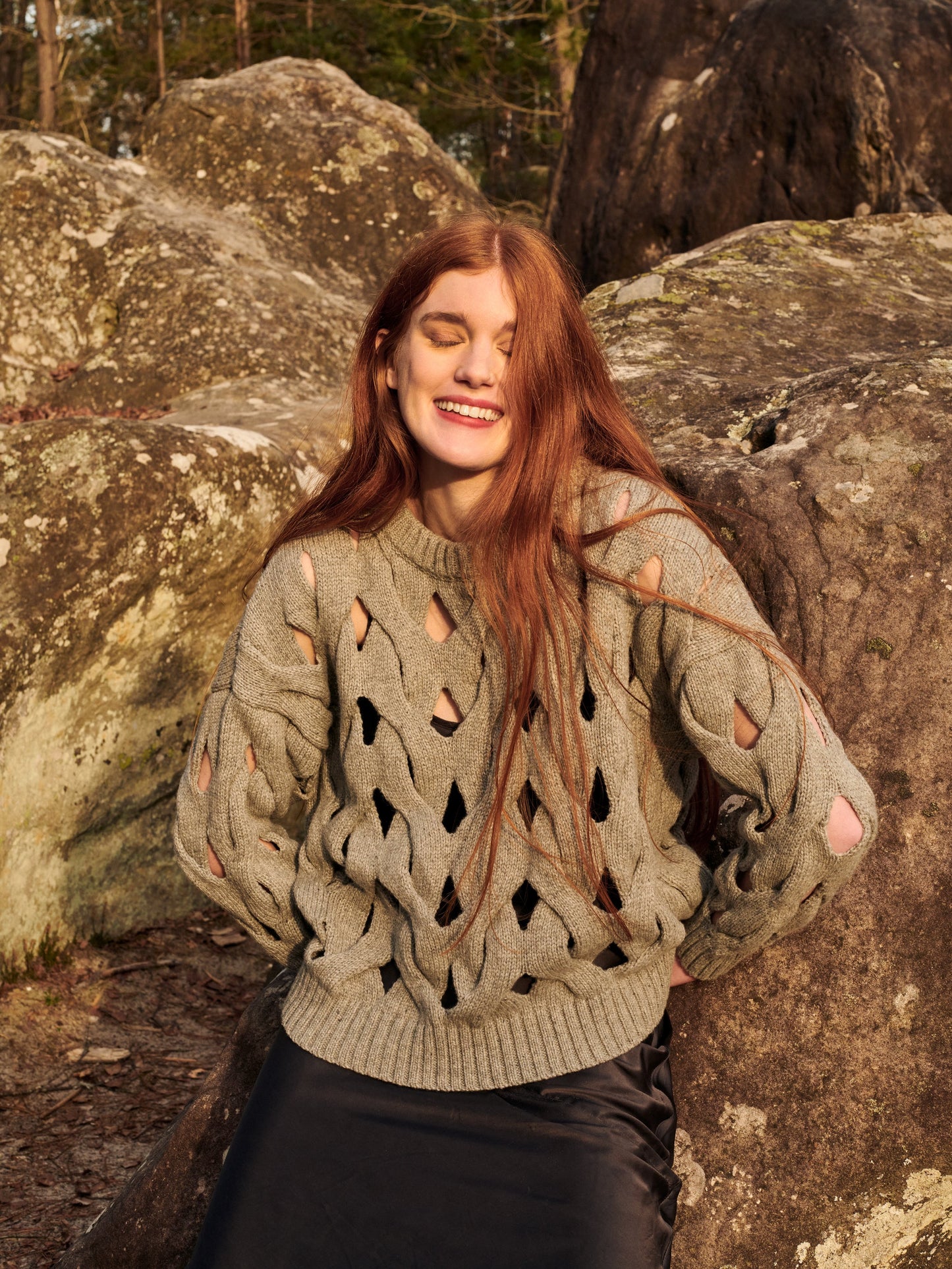 Gigi Knitwear Open cable sweater in grey