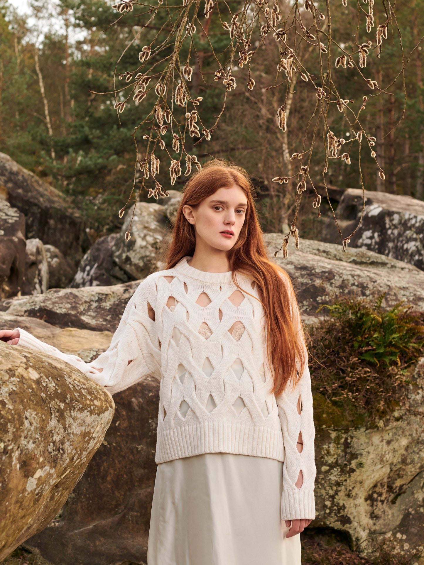 Gigi Knitwear Open cable sweater in ivory