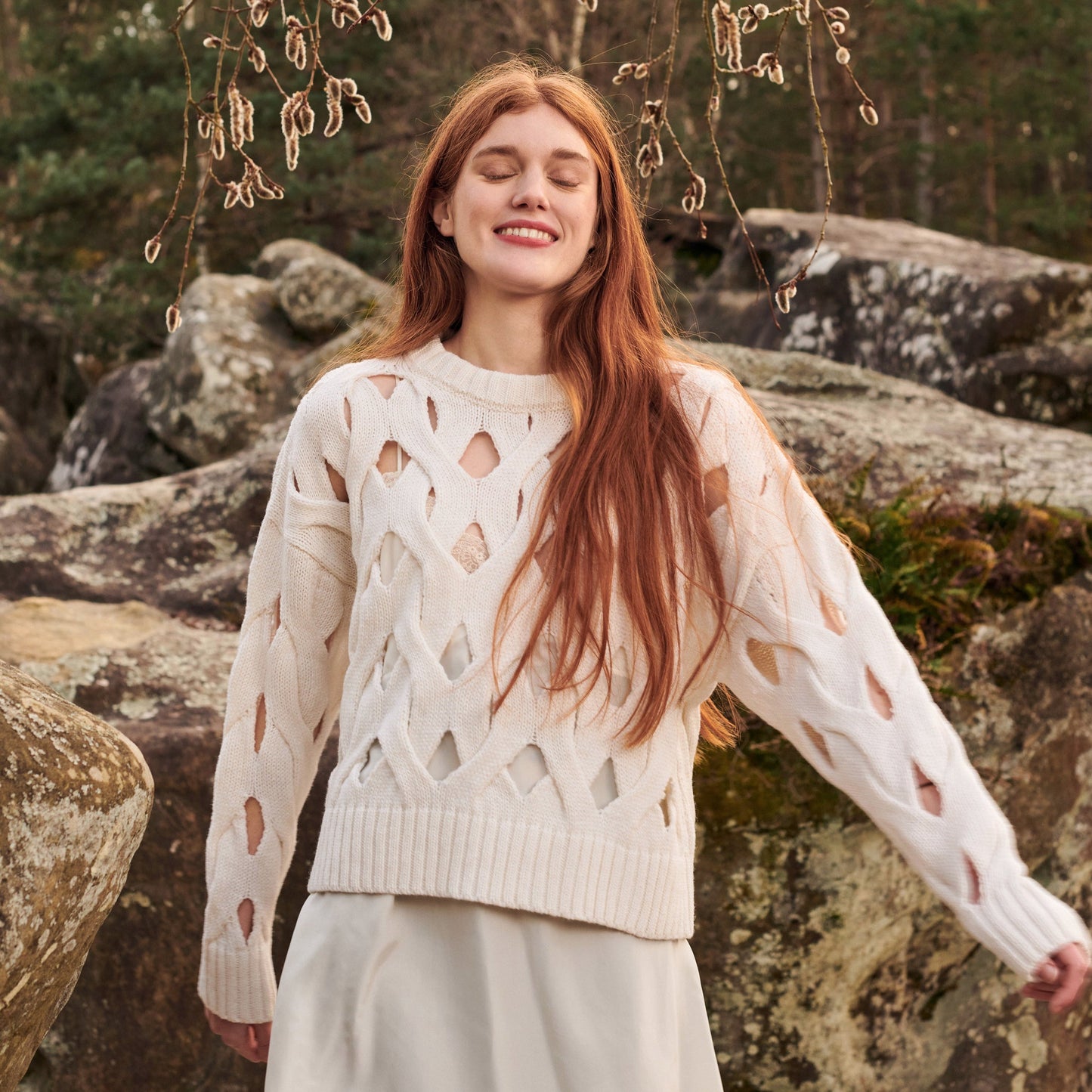 Gigi Knitwear Open cable sweater in ivory