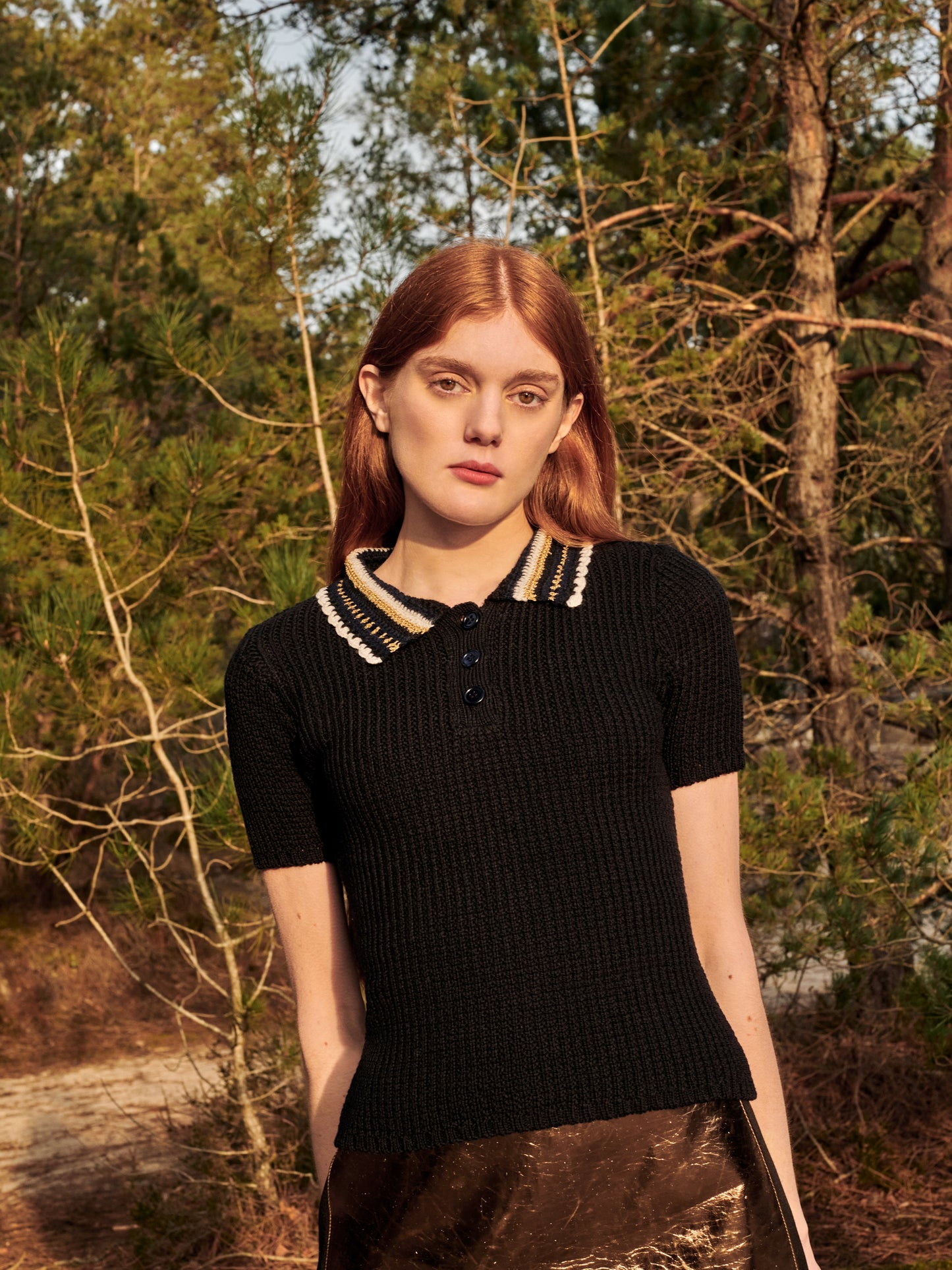 Gigi Knitwear Crochet polo top in black
