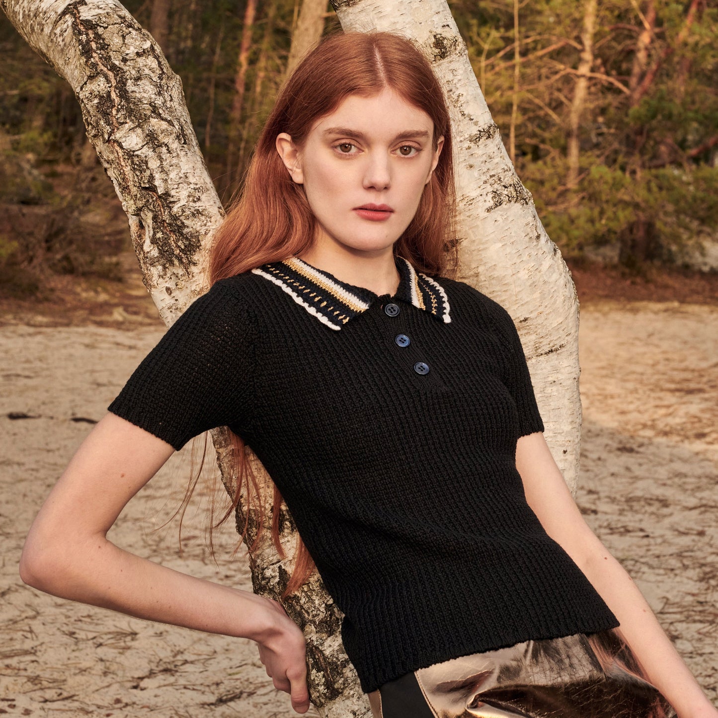 Gigi Knitwear Crochet polo top in black