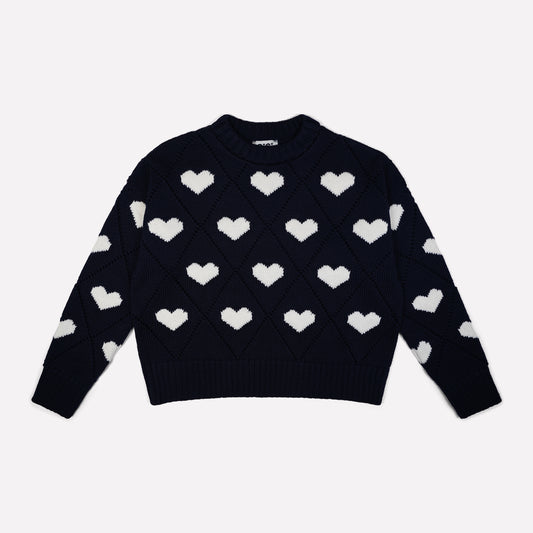 Gigi Knitwear Love heart sweater in navy with white hearts