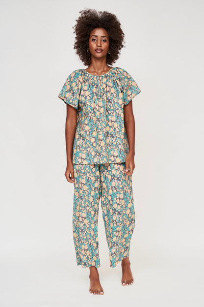 Mirth Organic Cotton Handblocked Pajama Pant Set in Onyx Bloom