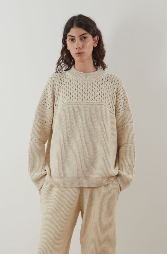 Wol Hide Lace Rib Crew in Ecru