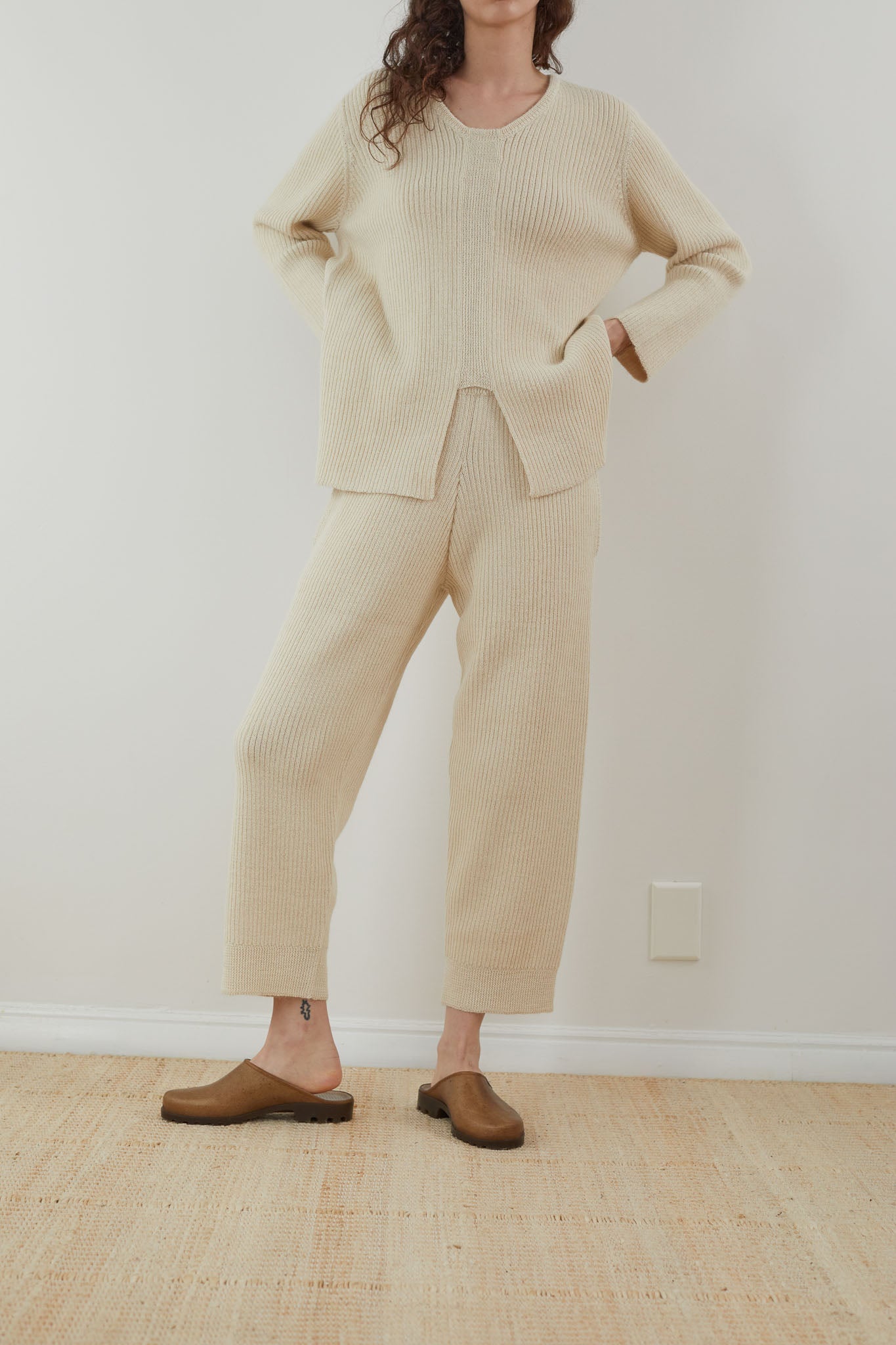 Wol Hide Rib Wide Leg Pant in Ecru