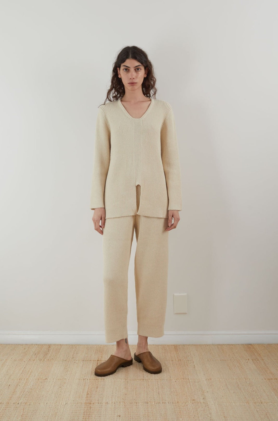 Wol Hide Rib Wide Leg Pant in Ecru