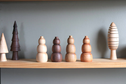 Hand-turned Artisan Minimal Wood Holiday Snowmen: Mixed Pack of 3 Snowmen