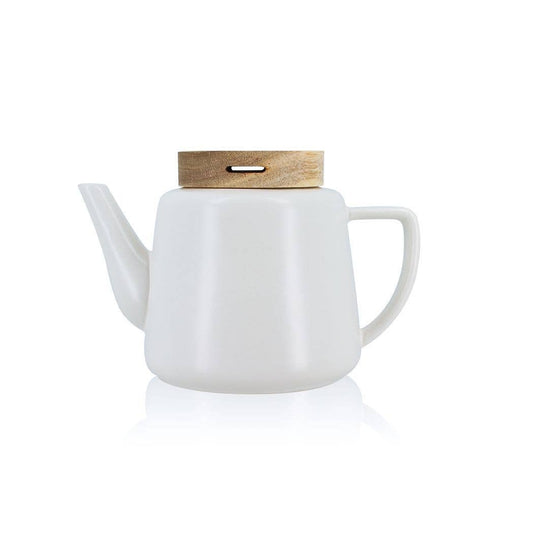 White. Porcelain Teapot with Wooden Lid