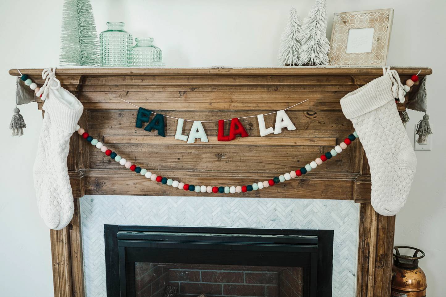 Green Red White and Pink Wool Ball Garland