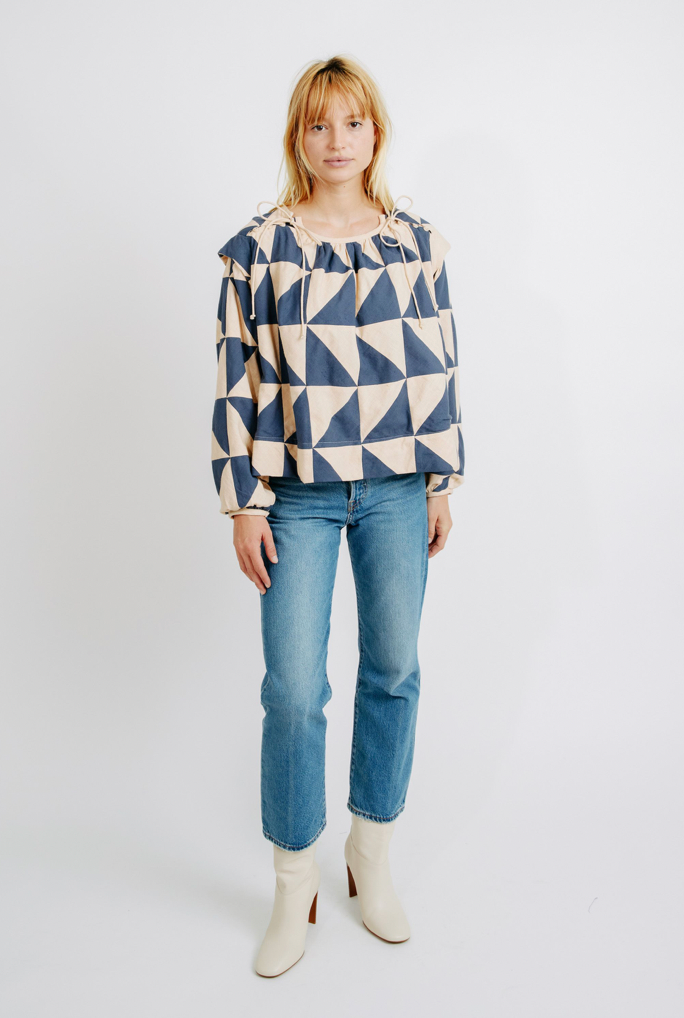 Mirth Malaga Top in Navy & Peach Patchwork