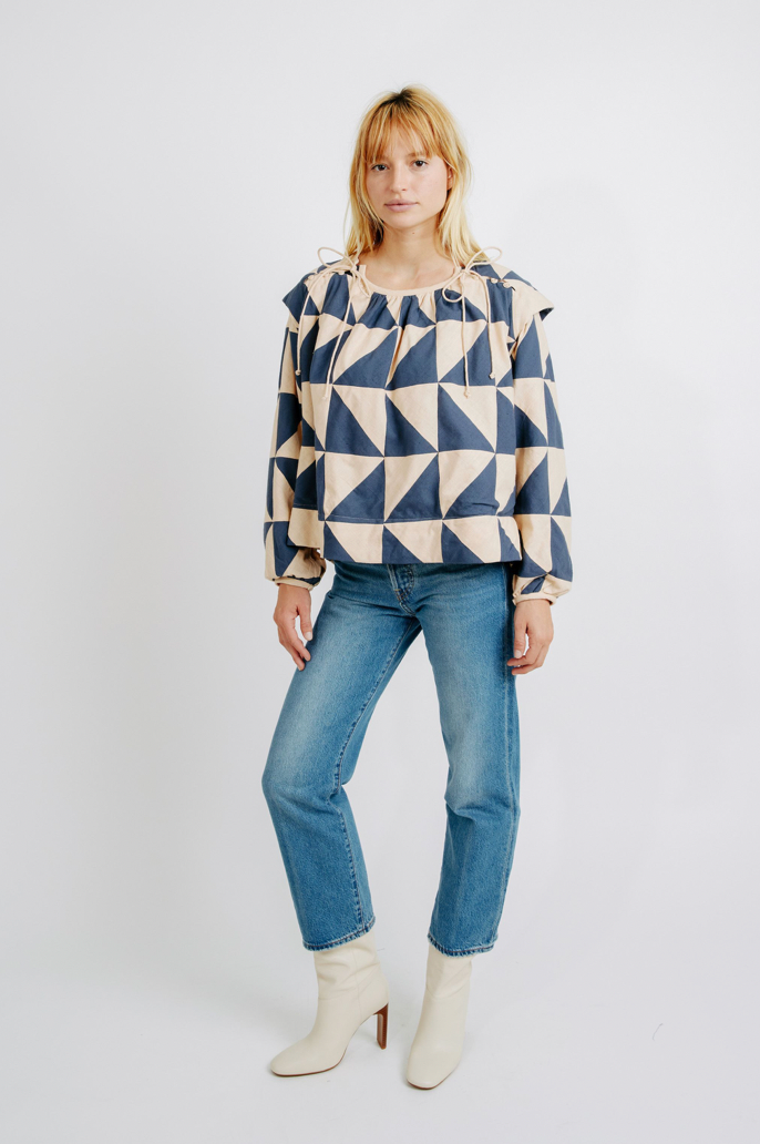 Mirth Malaga Top in Navy & Peach Patchwork