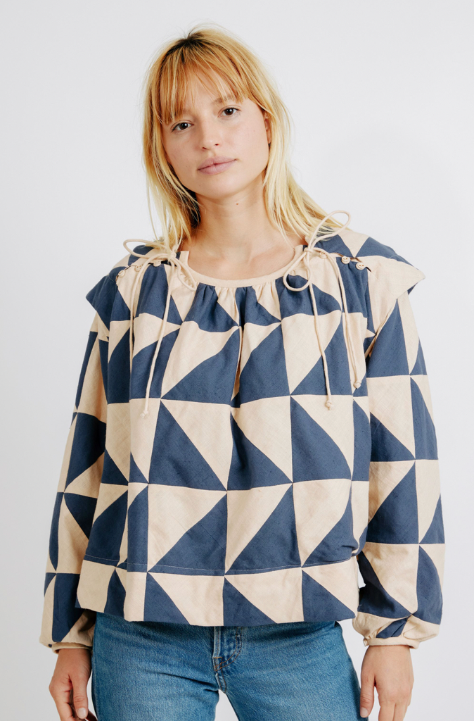 Mirth Malaga Top in Navy & Peach Patchwork