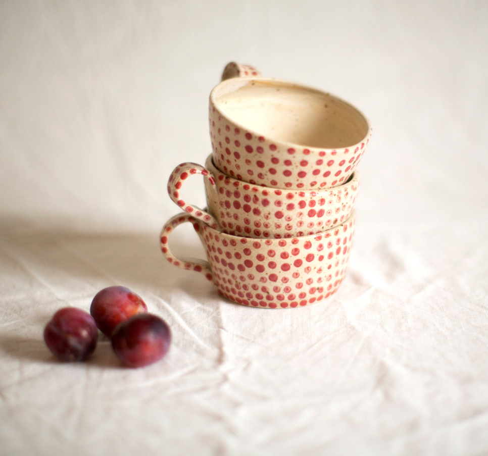 Coffee mug with red polka dots