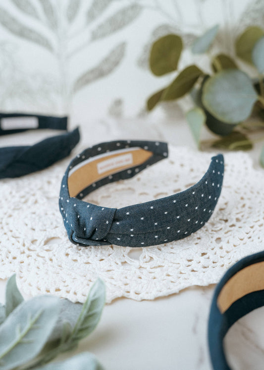 Western Polka Dot Chambray Knot Headband | Navy Blue Indigo