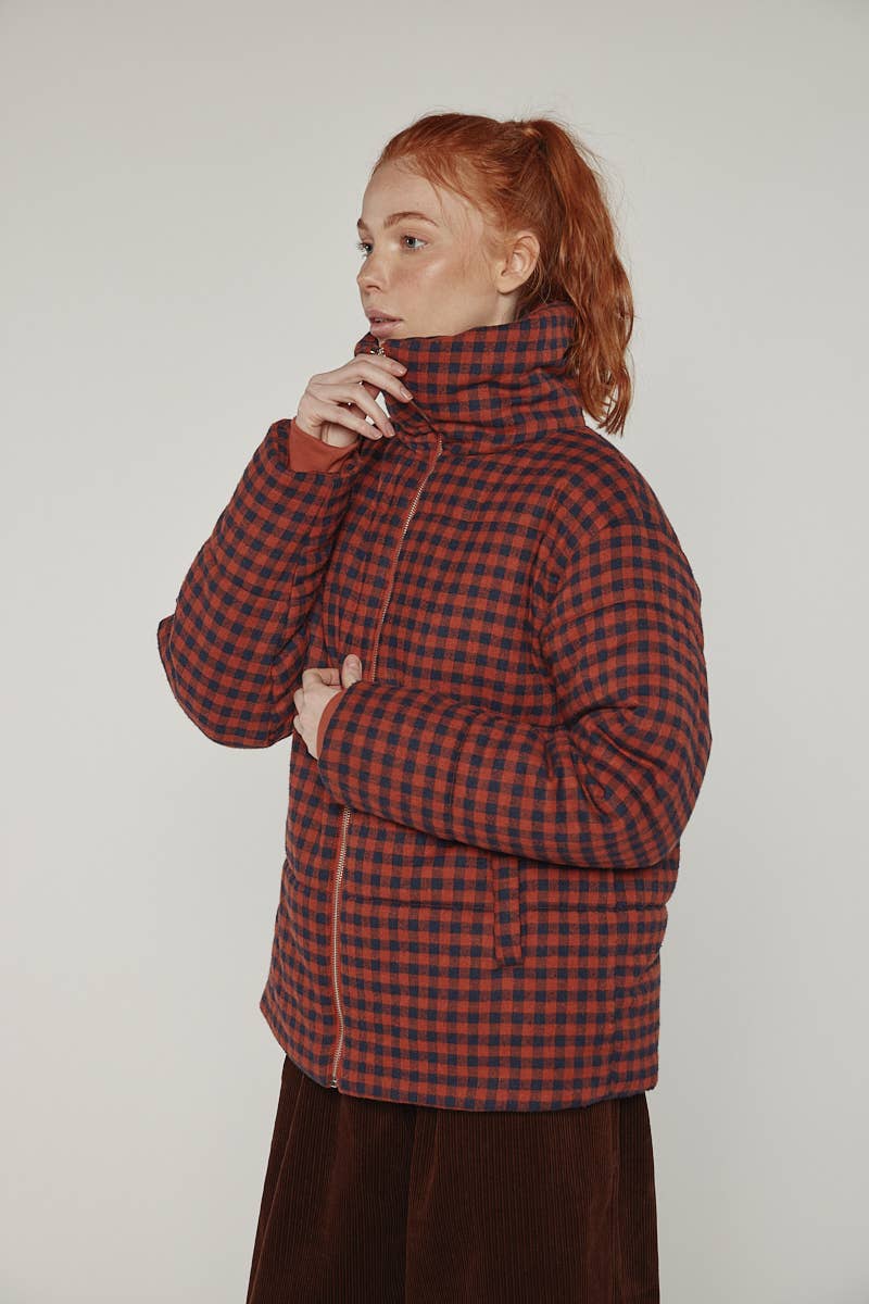 Puff gingham cozy jacket: Red/Black small check