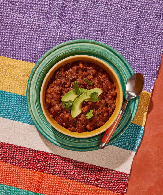 Pinto & Black Bean Mole Chili 15 oz can.