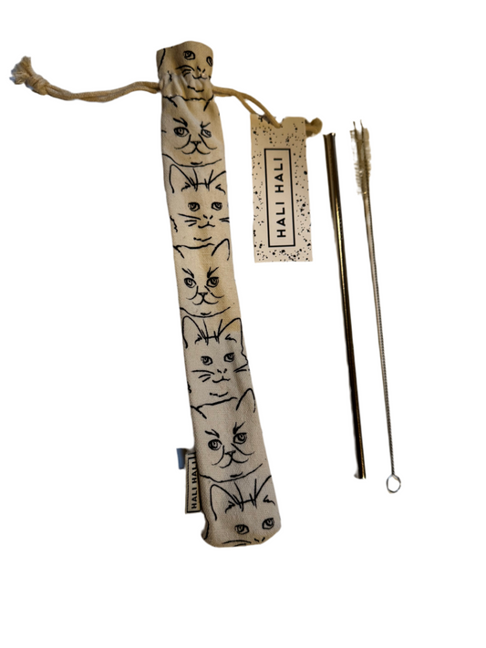 Eco Friendly Reusable Straw Set with Cotton Pouch Cats