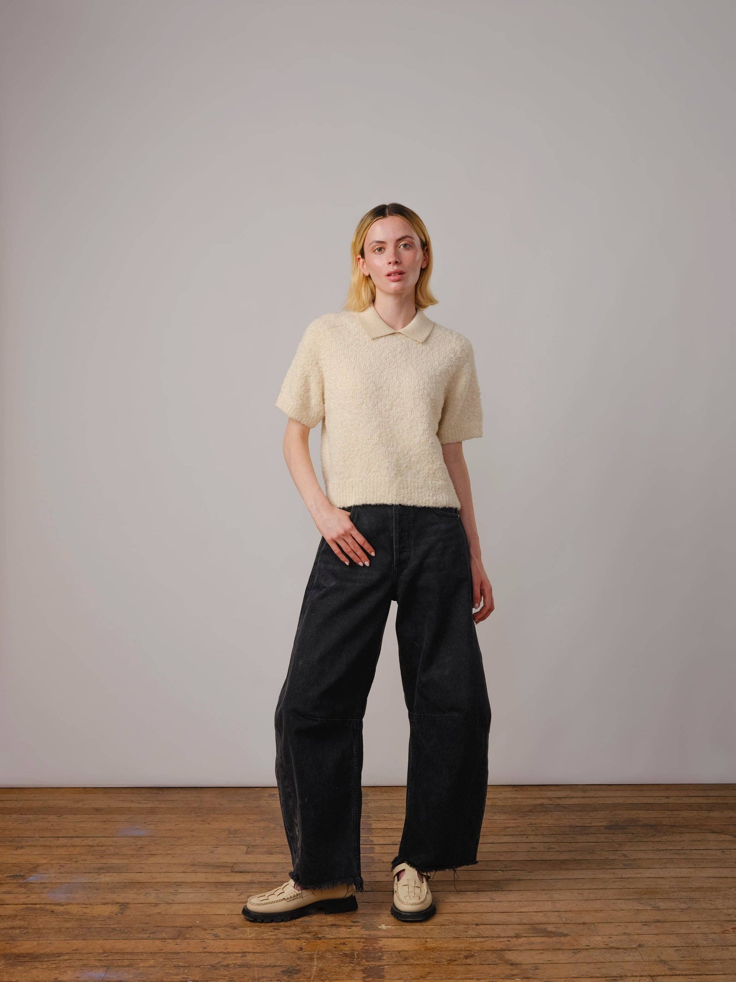 Ramona Bouclé Short Sleeve Polo - Calcite