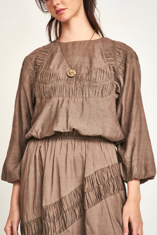 Mirth Andaman Ruched Blouse in Walnut