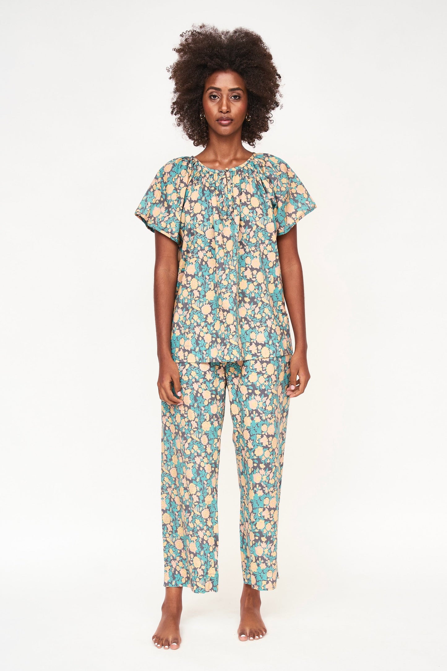 Mirth Organic Cotton Handblocked Pajama Pant Set in Onyx Bloom