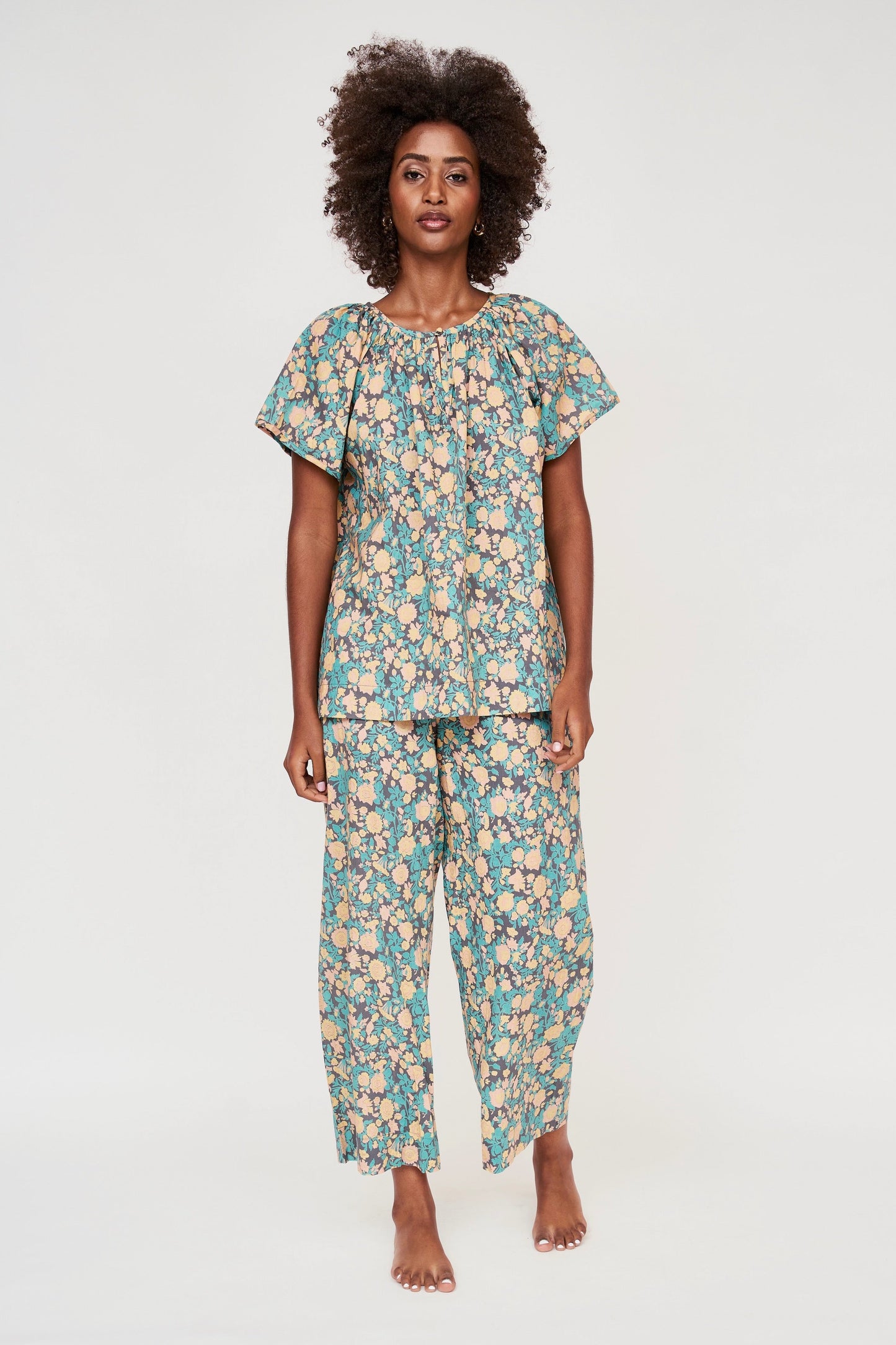 Mirth Organic Cotton Handblocked Pajama Pant Set in Onyx Bloom