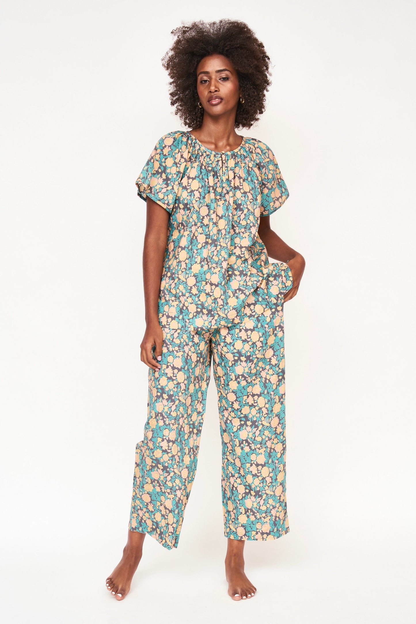 Mirth Organic Cotton Handblocked Pajama Pant Set in Onyx Bloom