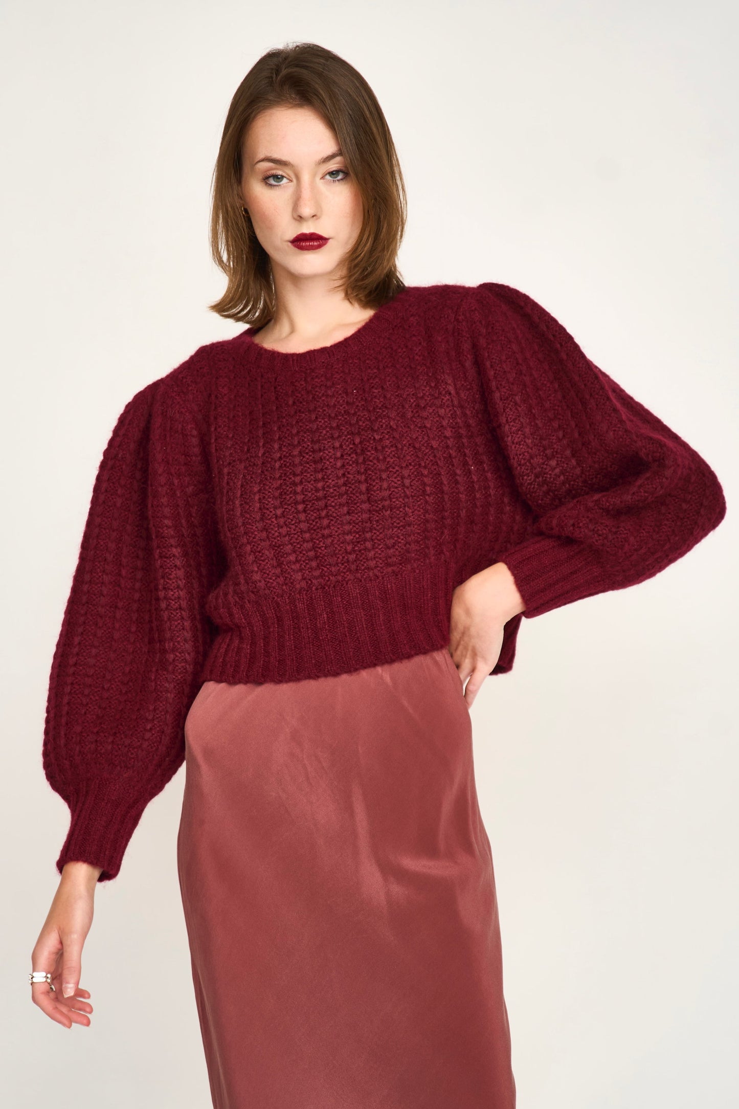 MIrth Valmorel Puff Sleeve Pullover in Black Cherry