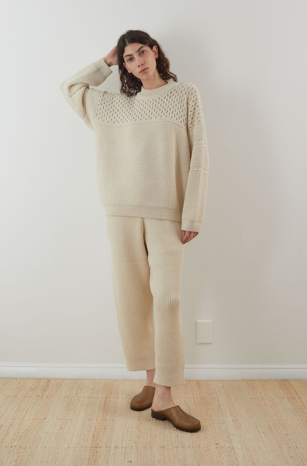 Wol Hide Lace Rib Crew in Ecru