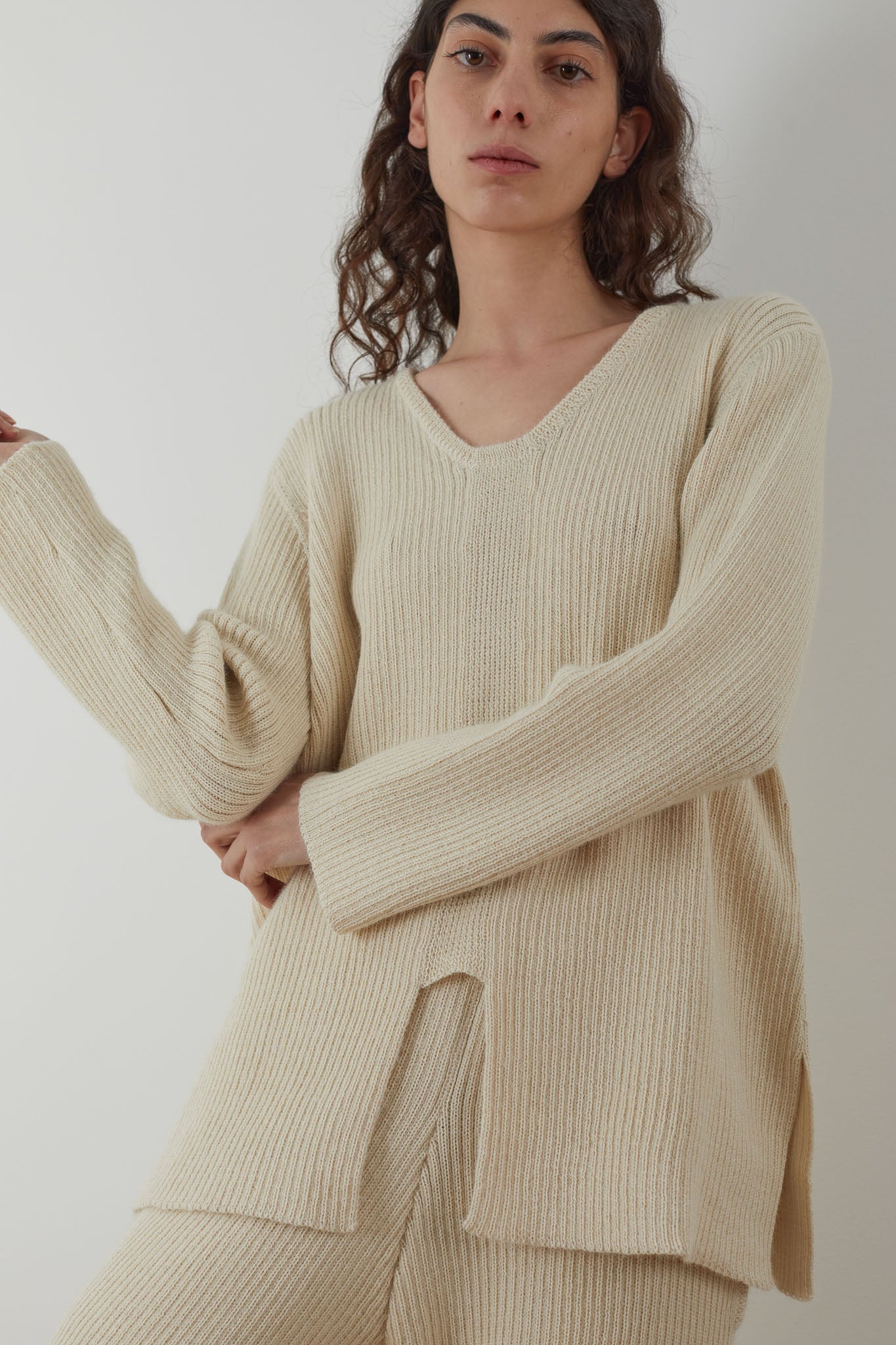 Wol Hide Rib Panel Pullover in Ecru