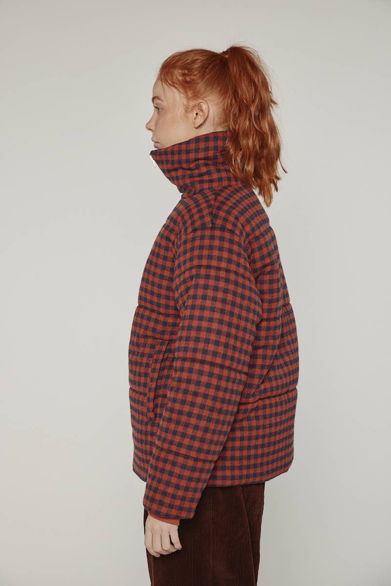 Puff gingham cozy jacket: Red/Black small check