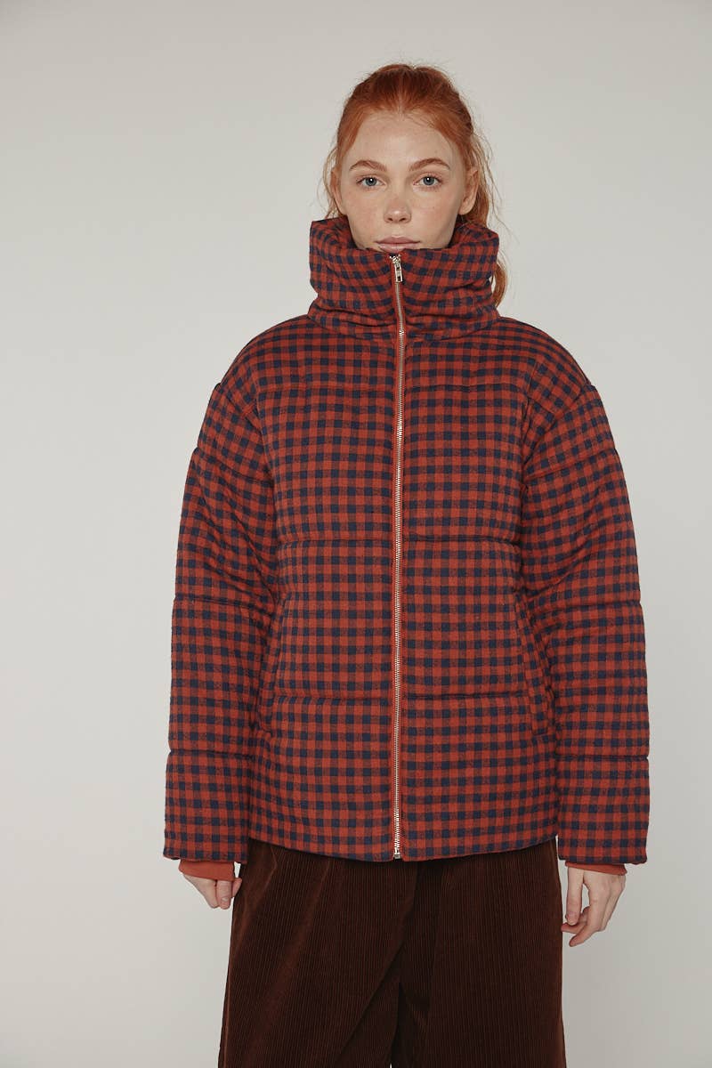Puff gingham cozy jacket: Red/Black small check