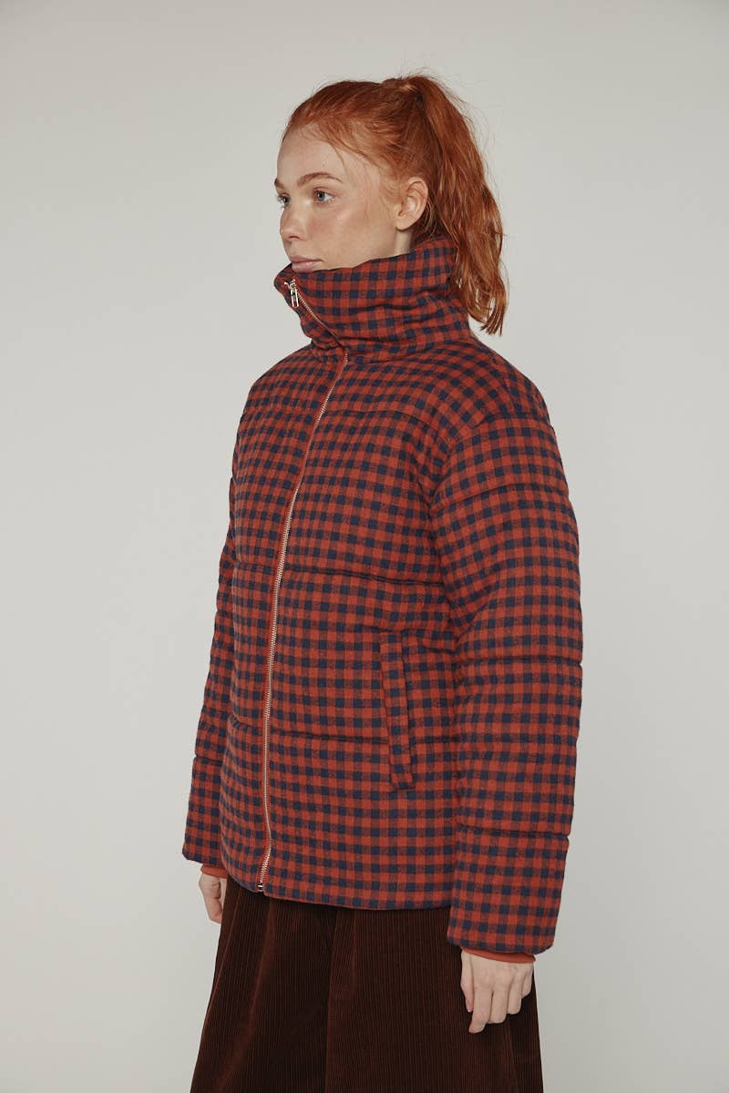 Puff gingham cozy jacket: Red/Black small check