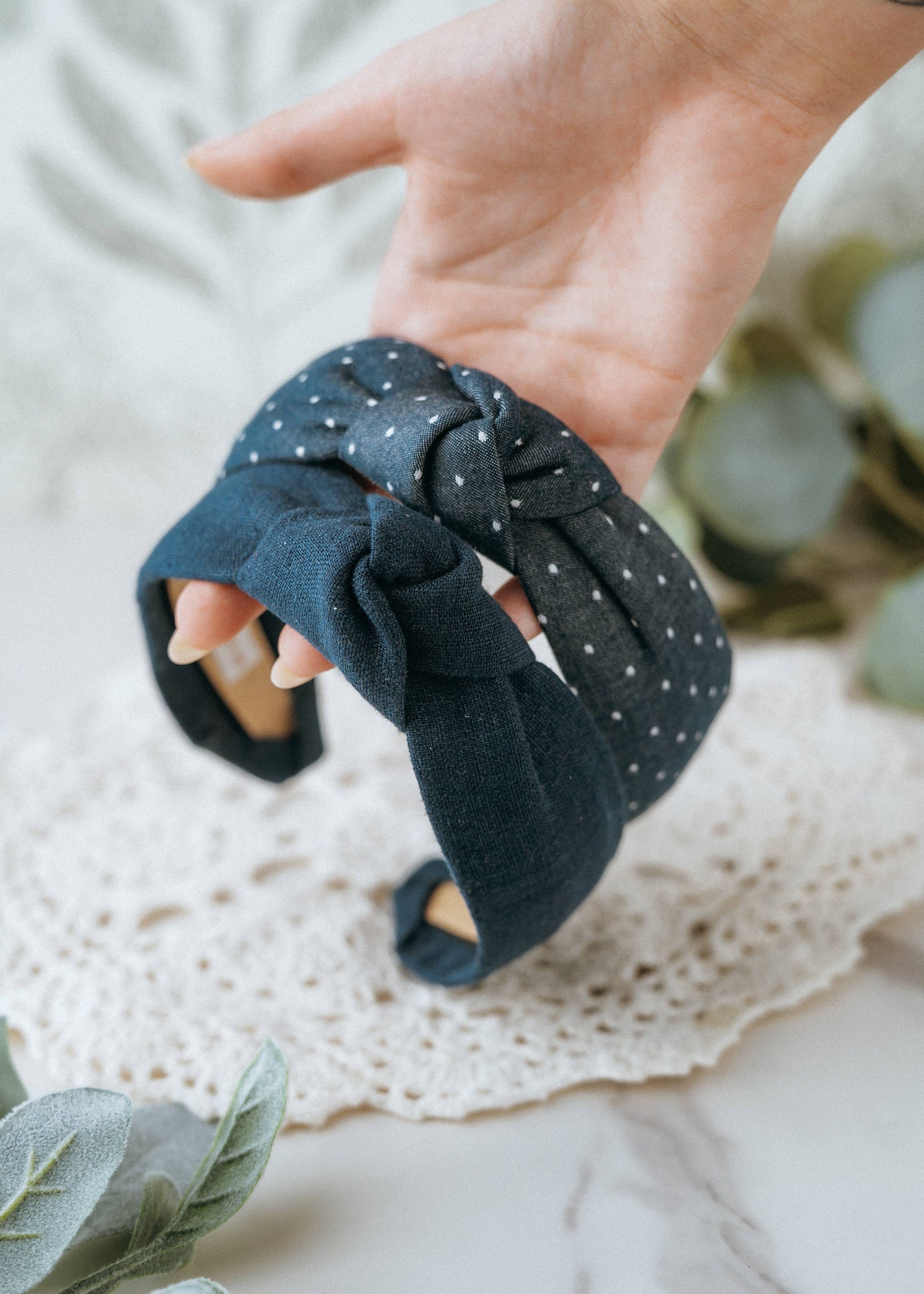 Western Polka Dot Chambray Knot Headband | Navy Blue Indigo