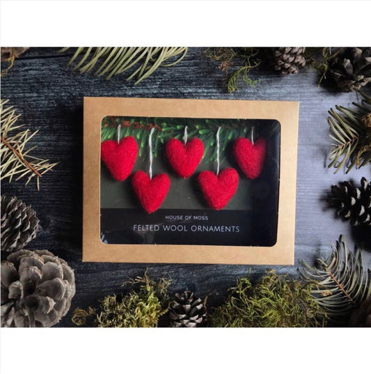 Felted Wool Heart Ornament - Set of 5 Red