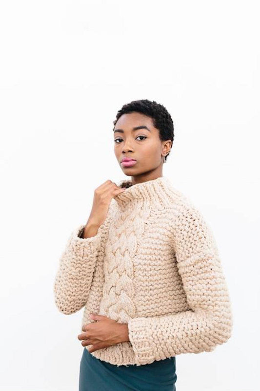 Vincentia Chunky Cable Sweater in Organic Merino Wool Natural Size Small
