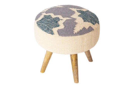 Handwoven Indigo Patterned Stool with Wood Legs