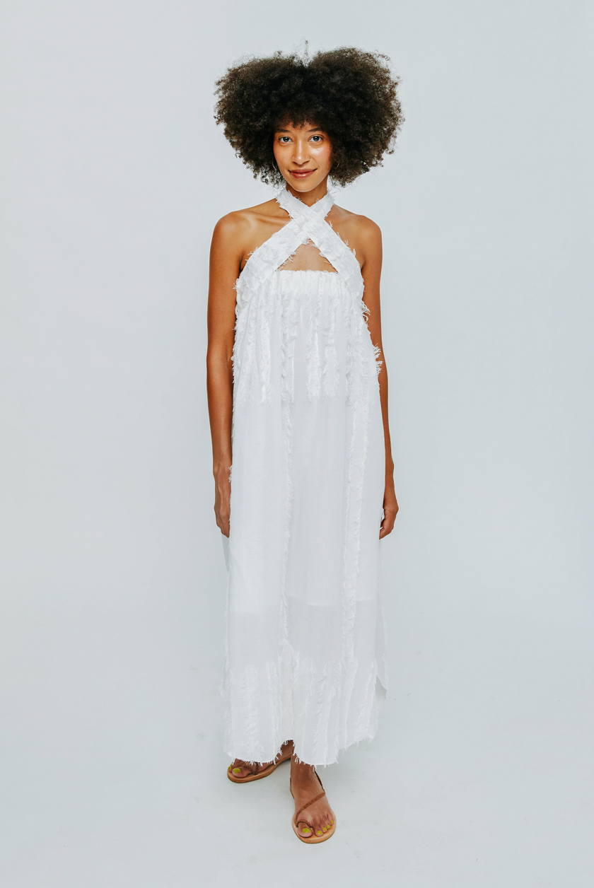 Mirth Kuta Strapless Coverup in White Fringe