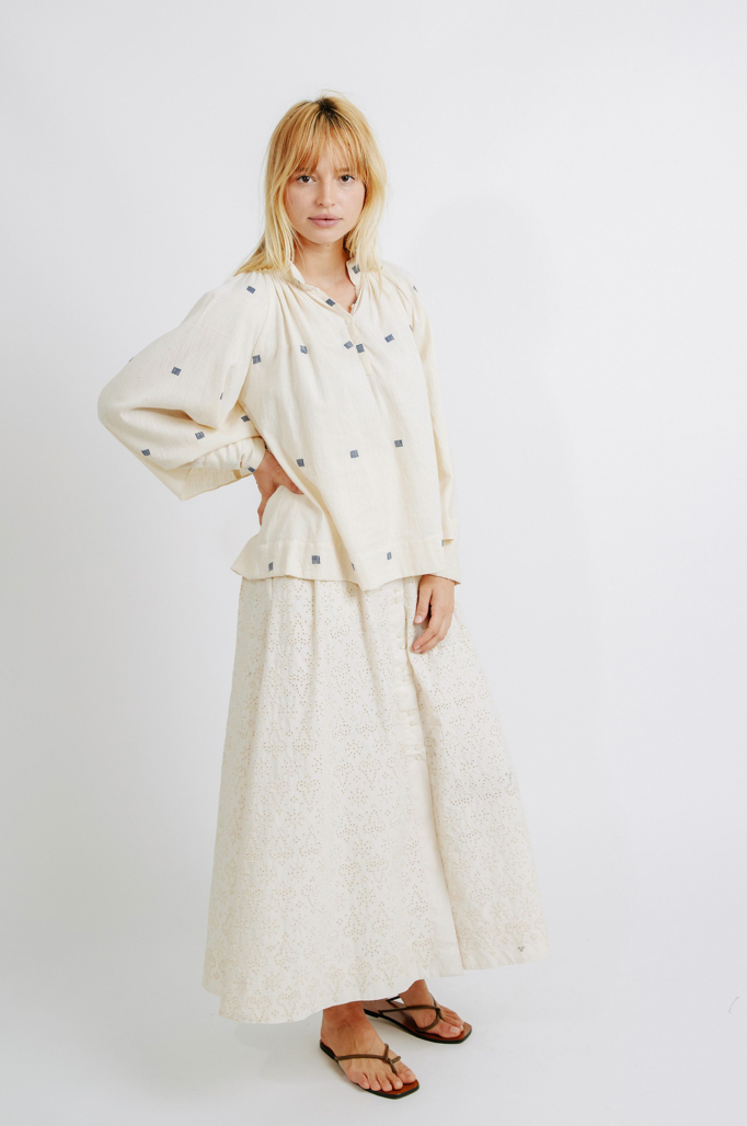 Mirth Faro Blouse in Cream with Blue Jamdani