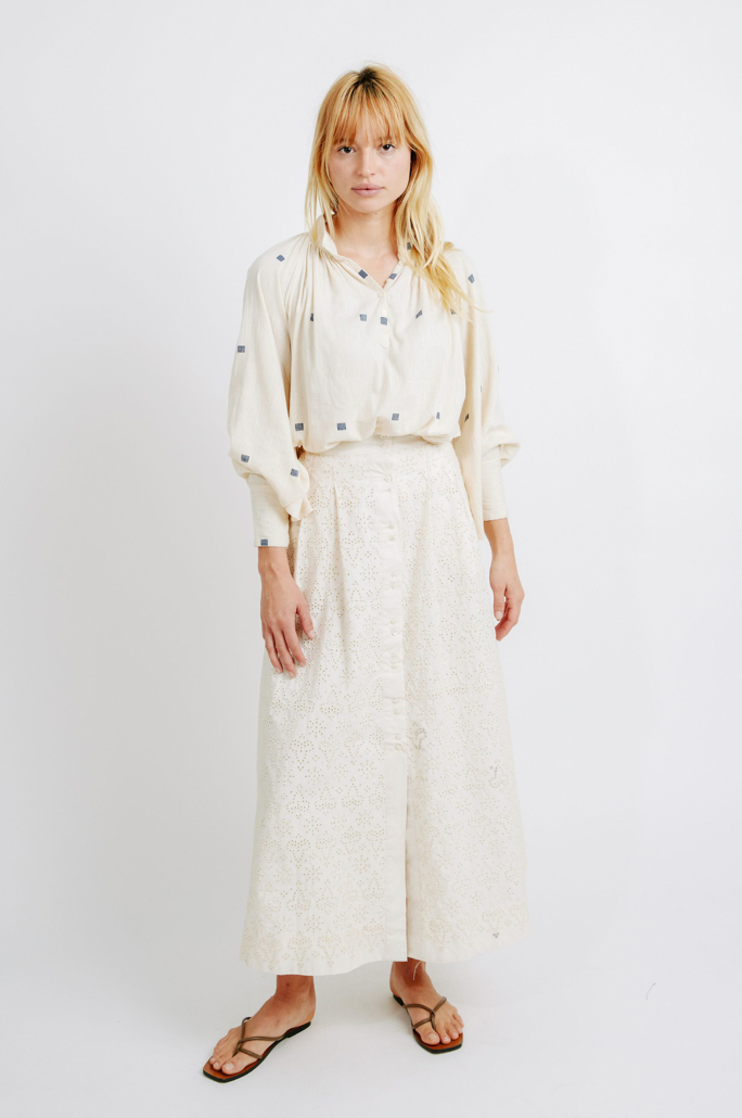 Mirth Faro Blouse in Cream with Blue Jamdani