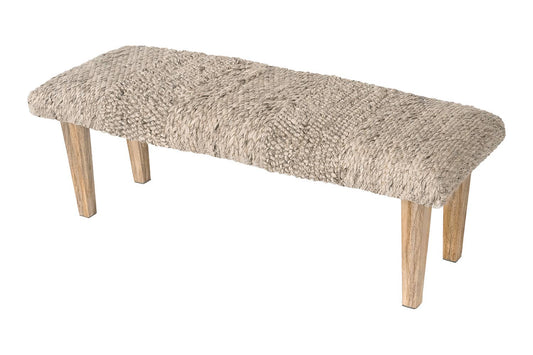 Handwoven Textured Taupe Bench with Wood Legs