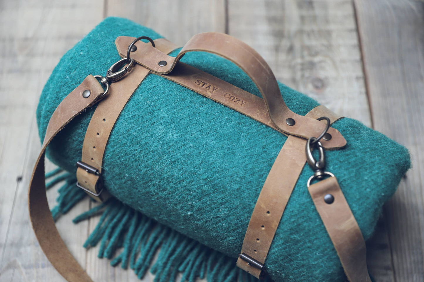 Wool Blanket in Green with Leather Handle Strap