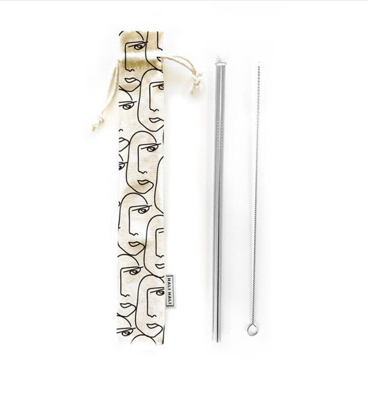 Eco Friendly Reusable Straw Set with Cotton Pouch ‘Faces’